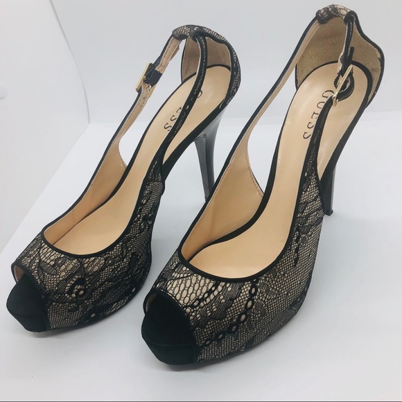 Guess Shoes - Lace Guess Peep Toe Slingback Heels